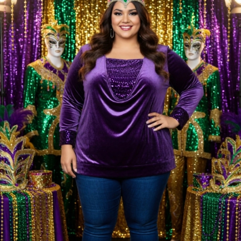Elegant Purple Velvet Women's Party Mardi Gras  Top Size 2x